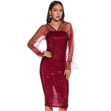 Women's Evening Gown Sexy Retro Mesh Long Sleeve Stitching Sequins Dress