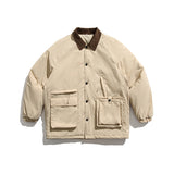 Unisex Winter Cotton Coat Three-Dimensional Pocket Decoration Loose Cotton Coat Vintage Corduroy Lapel Cotton-Padded Jacket