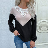 Women Knitted Sweater Autumn Casual Women's Long Sleeve Color Matching Lace round Neck Sweater