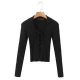 Women Sweater Knitwear Vintage Polo Lapel Lace-up Sweater Autumn Sexy Slim Long Sleeve Sweater