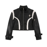 Women Jacket Short PU Leather Jacket Autumn and Winter Arcade Car Style Stand Collar Jacket