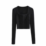 Women Sweater Knitwear Vintage Sexy Low Square Collar Long Sleeve Top Skinny Knit Cardigan Coat