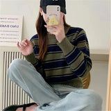 Women Knitted Pullover Loose Striped Coat Knitwear Autumn Sweater O-neck Short Top