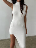Ladies Leisure Knitwear Turtleneck Sleeveless Knitted Midi Dress Sheath Split Sexy Dress