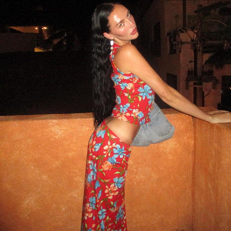 Women Co-Ord Set Vintage Printed Vest Slim Sheath Dress Suit