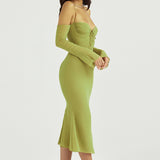 Women Dresses Chiffon Sexy Backless Dress Long Sleeve (Bla0420)