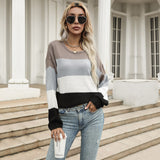 Women Knitted Sweater Autumn and Winter Leisure Fashion Colorblock Long Sleeve Sweater Outer Wear