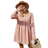 Women Dress Spring/Summer Loose Casual Lace V-neck Long-Sleeve Dress