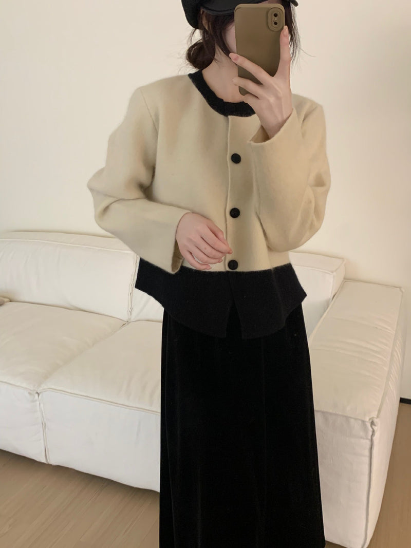 Women Knitted Cardigan Retro Short Knitted Cardigan Loose Color Matching round Neck Sweater Coat