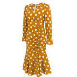 Women Date Dress Autumn and Winter Dress Sexy V-neck Polka Dot Printing Long-Sleeved Fishtail Dress