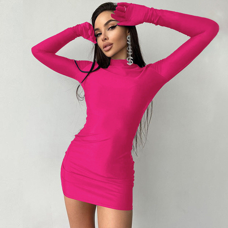 Women Dresses Summer Sexy Hip Crew Neck Long Sleeve Gloves Dress