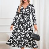 Women Date Dress Floral Dress Autumn and Winter V-neck A- line Skirt