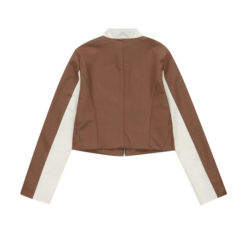 Women Jacket PU Leather Jacket Women's Casual Stand Collar Stitching Motorcycle Clothing