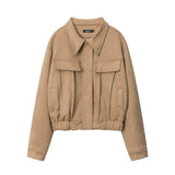 Women Jacket Wrinkle Short Coat Casual Faux Pocket Decorative Solid Color Jacket