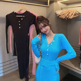 Women Maxi Dress Autumn V-neck Button Slim Fit Hip-Wrapped Sweater Dress