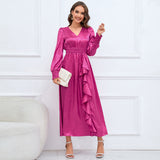 Women Date Dress Autumn and Winter V-neck Bubble Long Sleeve Dress