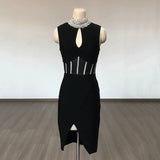 Women Evening Dress High Neck Sexy Hollow Mesh Bandage One-Piece Dress