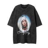 Men T Shirt Washed Vintage Portrait Printing Short Sleeve T-shirt