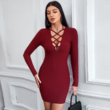 Women Dress Hollow Sexy Sheath Skirt Slim-Fit Long Sleeve Dress