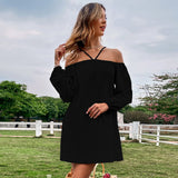 Women Dress Spring/Summer Loose Casual Short Skirt off-Shoulder Braces Long Sleeve Dress