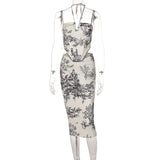 Women Dresses Summer Retro Style Slim-Fit Printed Skirt Two-Piece Suit (Bla0420)