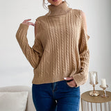 Women Knitted Sweater Turtleneck Solid Color Long Sleeve Twist off-Shoulder Sweater