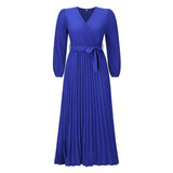 Women Date Dress V-neck Long Sleeve Pleated Dress