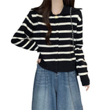 Women Knitwear Fall and Winter Lapels Striped Sweater Loose Knitted Cardigan