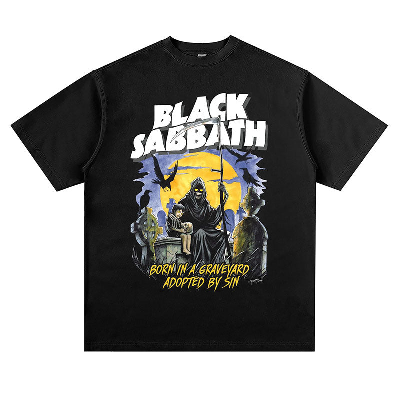Mens Vintage Rock Band T-Shirt BLACK SABBATH Printed Short Sleeve T-Shirt Loose VINTAGE