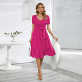 Women Date Dress V-neck Pleated Lace-up Dress