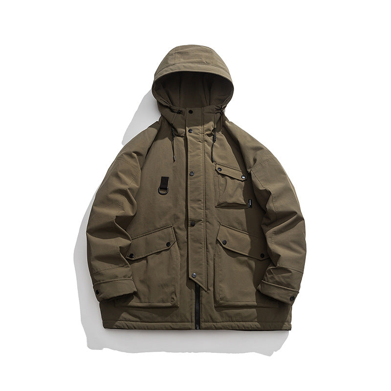 Unisex Winter Cotton Coat Three-Dimensional Multi-Pocket Hooded down Jacket Retro Workwear down Jacket