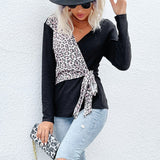 Women Knitted Sweater Leopard Splicing Long Sleeve Sweater