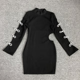 Women's Evening Dress Black Long Sleeve Bowknot Hollow-out Midriff Mini Skirt Sheath Bandage One-Piece Dress