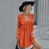 Women Dress Spring and Summer Long Sleeves V-neck Dress