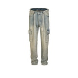 MIJKO Men Vintage Pants Multi-pocket Straight Jeans With Belt