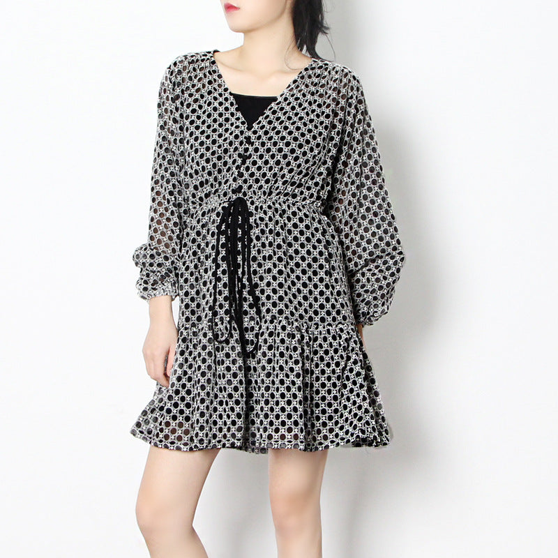 Women Dresses Vintage Printing Dress Long Sleeve Skirt (Qymy0409)