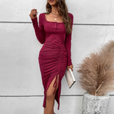 Women Dress Spring/Summer Square Collar Sheath Long Sleeve Dress