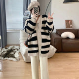 Women Knitted Cardigan Vintage Stripe V-neck Knitted Sweater Cardigan