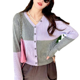 Women Knitwear Autumn Checkerboard Sweater Loose Knitted Cardigan