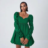 Women Dress Green Satin Waist Princess Dress Women Elegant Puff Sleeve Dress