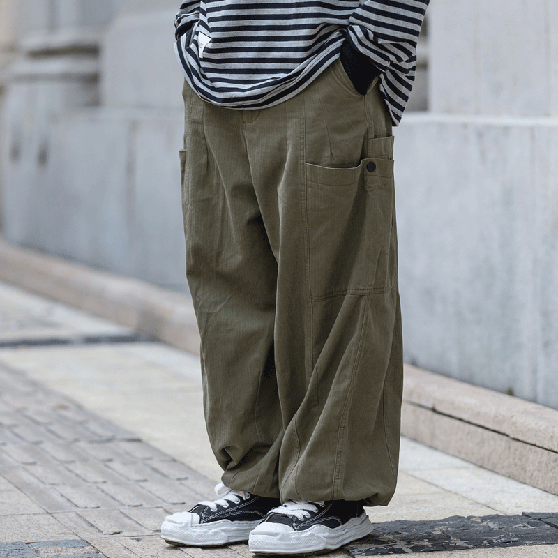 Men Sweatpants Multi-Pocket Cargo Pants Leisure Wide-Leg Pants