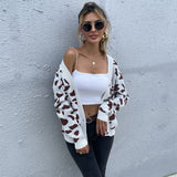 Women Knitted Sweater Coat Autumn Leopard Print V-neck
