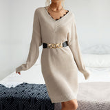 Women Knitted Sweater V-neck Solid Color Long Sleeve Lace Stitching Woolen Skirt