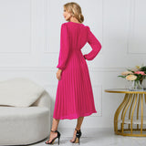 Women Date Dress Sexy V-neck Bubble Lantern Sleeve Pleated Skirt