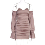 Women Dresses Autumn Winter Sexy off-the-Shoulder Lantern Sleeve Ruffle Hip Dress (Bla0420)