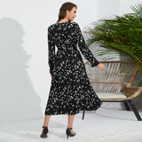 Women Date Dress Autumn and Winter Leisure Floral V-neck Long-Sleeve Dress