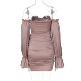 Women Dresses Autumn Winter Sexy off-the-Shoulder Lantern Sleeve Ruffle Hip Dress (Bla0420)
