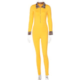 Women Jumpsuit Spring Lapel Zipper Slim Fit Long Sleeve Jumpsuit