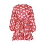 Women Dresses Casual Color Printed round Neck Loose Lantern Sleeve Short Dress (Qymy0409)