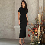 Women Dresses Winter Crew Neck Slim Back Lace-up Long Sleeve Dress